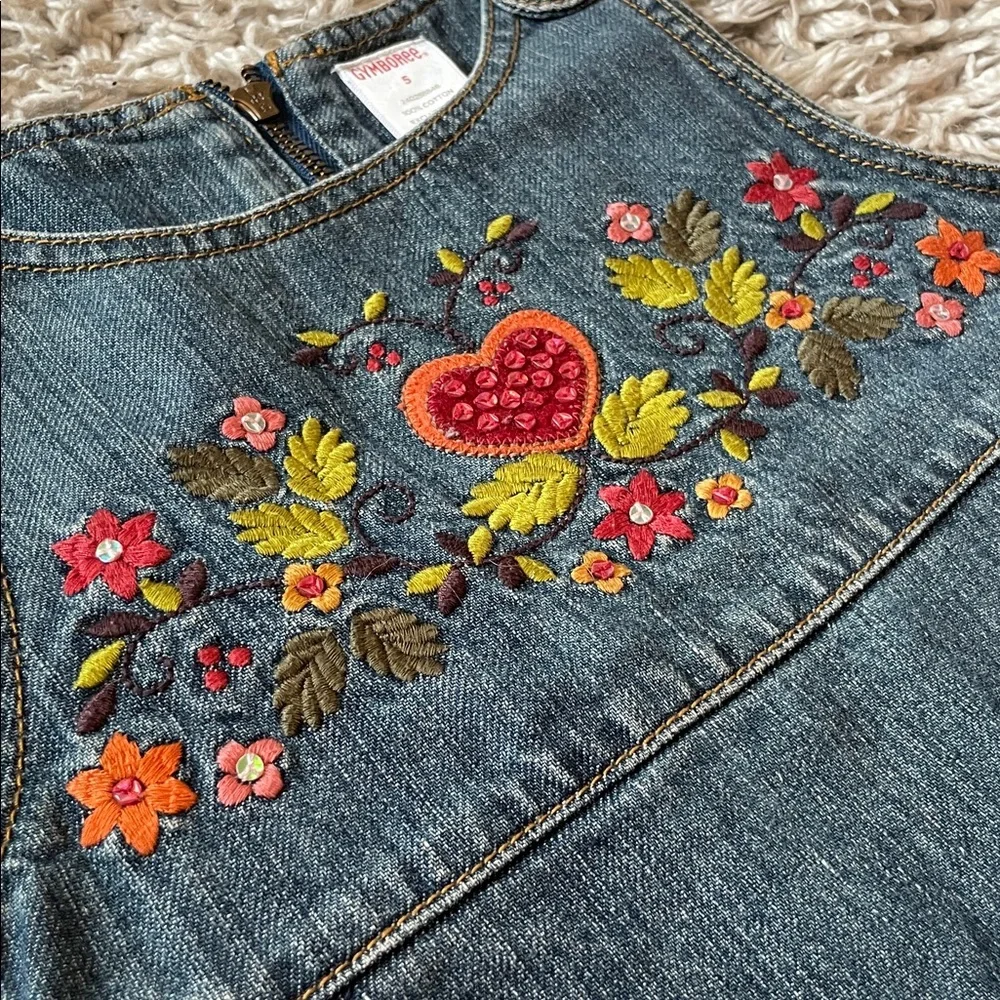 2007 Gymboree “Harvest Leaves” Autumn Floral Embroidered Denim Jumper, Size 5